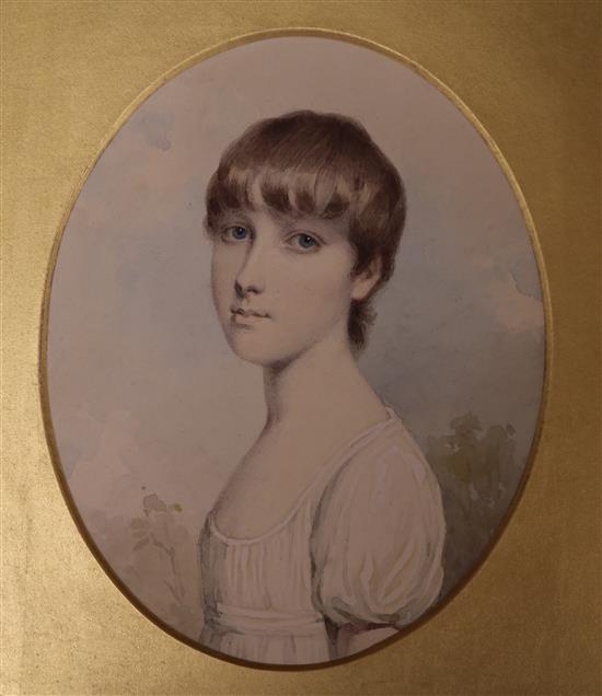 Early 19th century English School, watercolour, portrait of a young child, 15 x 12cm, unframed